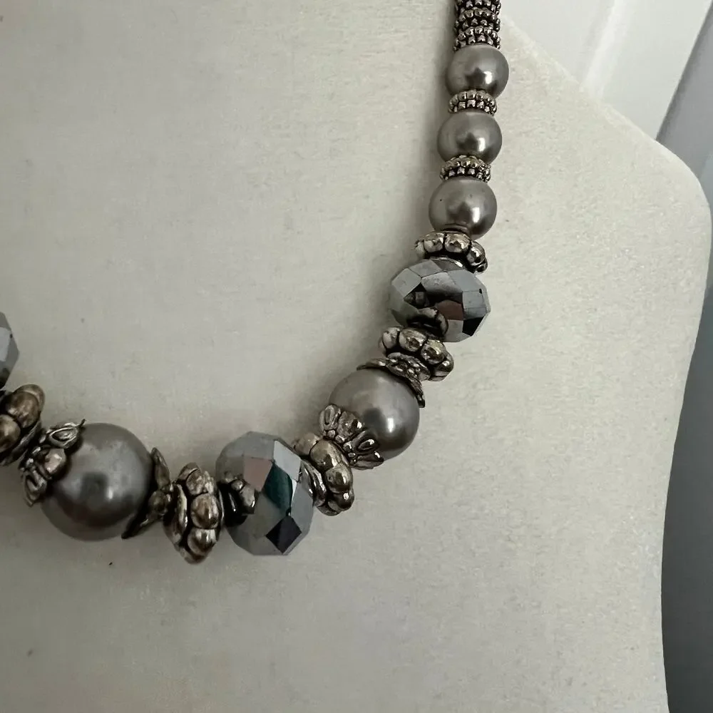 Silver tone pearl charm adjustable fancy elegant chic necklace